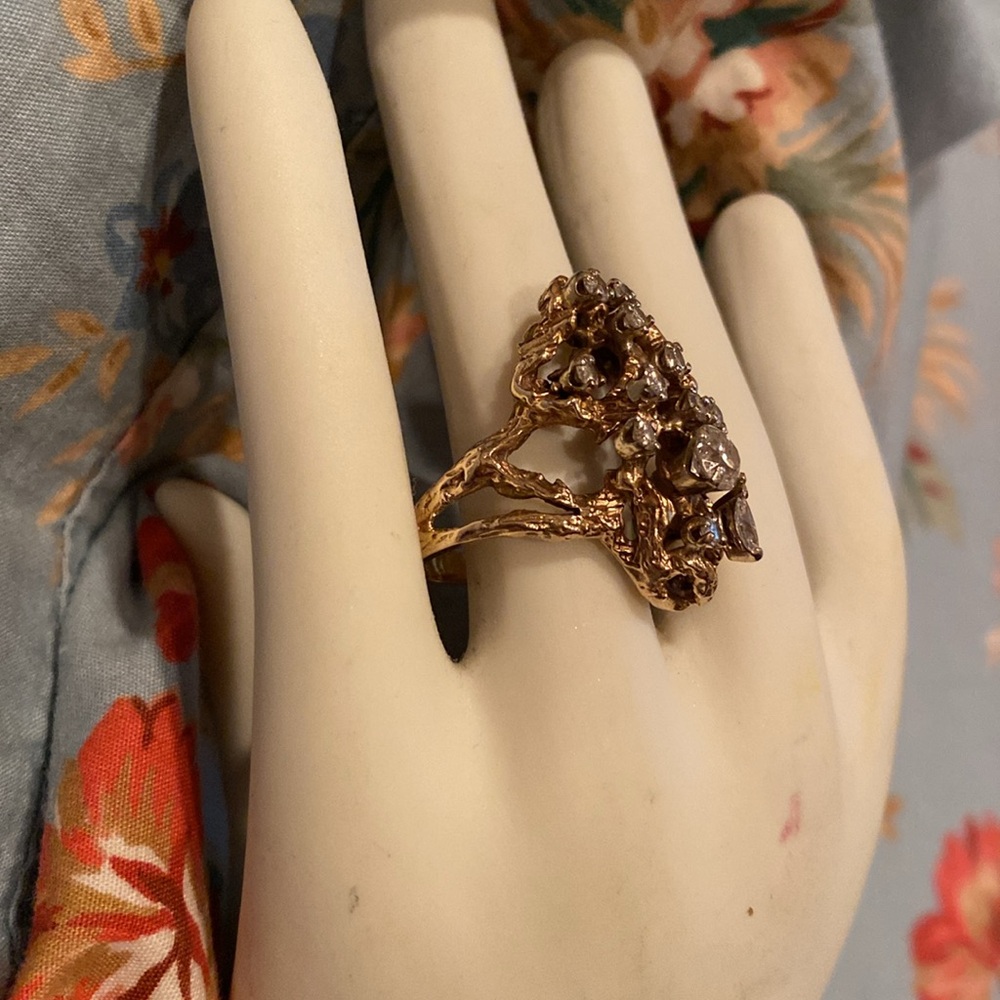 Gold filagree nugget ring 13 diamonds elegant 14kt gold - Picture 2 of 6